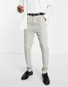 Серые узкие элегантные брюки из твила с застежкой-молнией и складками спереди ASOS DESIGN