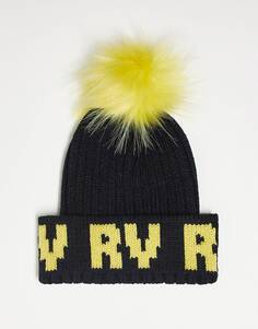 Черно-желтая шапка-бини унисекс с логотипом и помпоном из искусственного меха Reclaimed Vintage