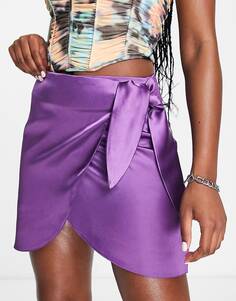 Фиолетовая атласная мини-юбка с запахом Miss Selfridge