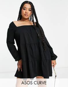 Черное ярусное платье мини с квадратным вырезом ASOS DESIGN Curve