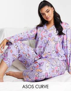 Эксклюзивная фиолетовая пижама из модала с цветочным принтом и брюками ASOS DESIGN Curve