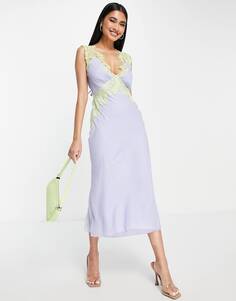 Сиреневое шифоновое платье миди по косой с кружевной аппликацией ASOS DESIGN