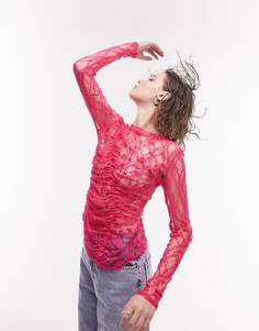 Кружевной лонгслив цвета фуксии с длинными рукавами и сборками, розовый Topshop
