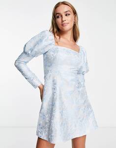 Синее жаккардовое платье мини с пышными рукавами Miss Selfridge