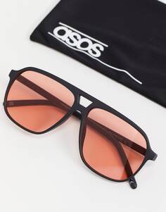 Черные солнцезащитные очки-авиаторы в стиле 70-х с красными линзами ASOS DESIGN