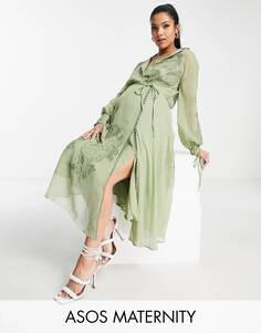 Платье миди цвета шалфея ASOS DESIGN для беременных с цветочной вышивкой, кружевной вставкой и атласным галстуком