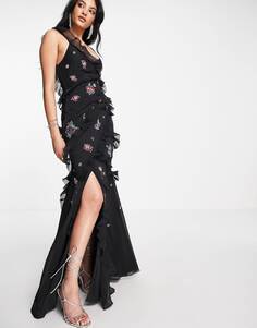 Черное платье макси косого кроя с рюшами и цветочным декором ASOS DESIGN