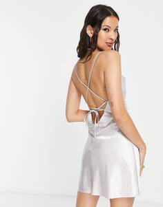 Серебристое атласное платье мини с воротником-хомутом COLLUSION