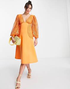 Оранжевое платье миди с вышитыми рукавами ASOS DESIGN
