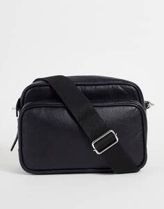 Черная кожаная сумка через плечо с карманом на молнии ASOS DESIGN