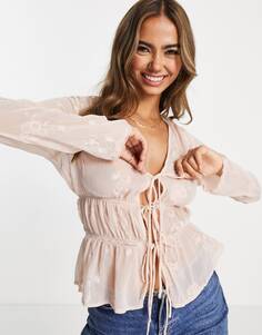 Розовая прозрачная блуза с вышивкой и завязками спереди ASOS DESIGN