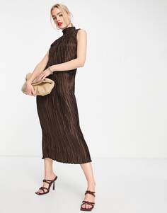 Атласное плиссированное платье миди с высоким воротником шоколадного цвета ASOS DESIGN