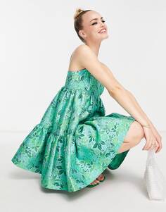 Зеленое жаккардовое платье мини-трапеция на бретельках с цветочным принтом ASOS EDITION Empire
