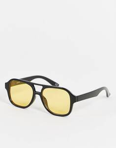 Солнцезащитные очки-авиаторы ASOS DESIGN 70&apos;s в черной оправе с желтыми линзами - BLACK