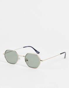 Миниатюрные угловые солнцезащитные очки ASOS DESIGN 90&apos;s / Retro из золотистого металла с темно-зелеными линзами - GOLD