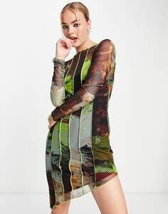 Разноцветное сетчатое платье мини со швами и асимметричным подолом с графическим принтом Topshop