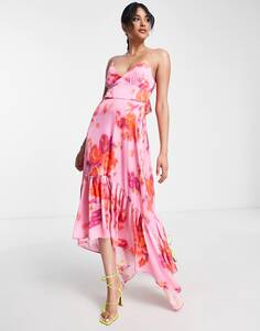 Розовое асимметричное платье-комбинация миди с размытым цветочным принтом Topshop