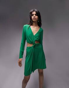 Зеленое платье мини с вырезами и длинными рукавами Topshop