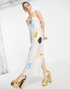 Белое платье-комбинация премиум-класса с абстрактным рисунком и пайетками Topshop