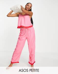 Розово-красный пижамный комплект ASOS DESIGN Petite из модала на бретельках и брюках с контрастной оборкой