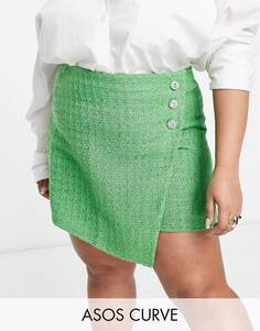 Зеленая мини-юбка из букле с пуговицами из страз ASOS DESIGN Curve