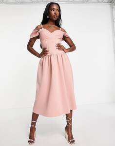 Розовое платье миди для выпускного с заниженной талией и открытыми плечами ASOS DESIGN