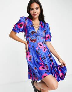 Синее чайное мини-платье на пуговицах с цветочным принтом и v-образным вырезом Topshop