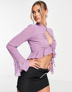 Фиолетовая блузка с длинными рукавами и оборками спереди ASOS DESIGN