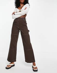Шоколадные прямые брюки карго Topshop с завышенной талией и рабочей одеждой