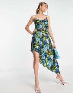 Разноцветное платье-комбинация миди асимметричного кроя с цветочным принтом Topshop