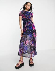 Разноцветное сетчатое платье миди с цветочным принтом Topshop