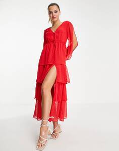 Красное ярусное платье макси из шифона добби Miss Selfridge