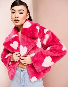 Короткое приталенное пальто из искусственного меха с розовыми сердечками ASOS LUXE
