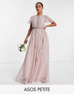 Розовое платье макси с жемчугом и цветочной вышивкой ASOS DESIGN Petite Bridesmaid