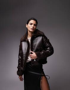 Укороченное пальто Topshop Faux Leather, коричневый