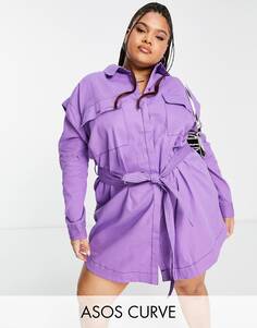 Ярко-фиолетовое мини-платье-рубашка с завязками на талии ASOS DESIGN Curve