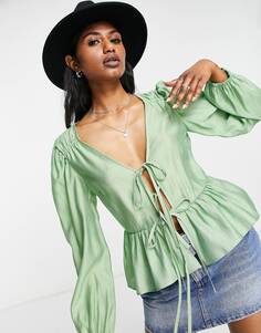 Зеленая блузка Topshop с завязками спереди
