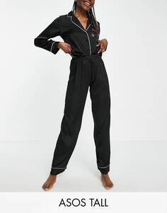Черная атласная пижама с длинными рукавами и брюками ASOS DESIGN Tall