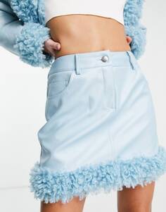 Голубая мини-юбка из искусственной кожи с отделкой боргом Miss Selfridge