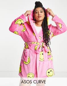 Розовый флисовый мини-халат ASOS DESIGN Curve super soft pop smile