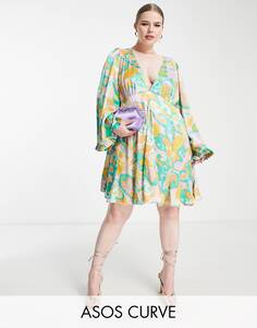 Яркое абстрактное цветочное мини-платье ASOS DESIGN Curve с круглым вырезом и расклешенными рукавами