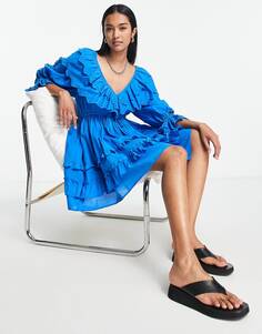 Кобальтово-синее платье мини с оборками и вышивкой Topshop