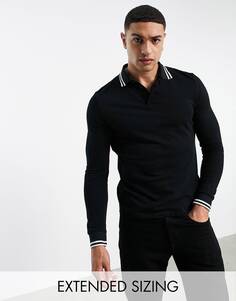Черная рубашка поло из пике с длинными рукавами ASOS DESIGN - BLACK