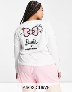 Бело-розовая футболка с длинными рукавами и короткая пижама ASOS DESIGN Curve Barbie x Hello Kitty