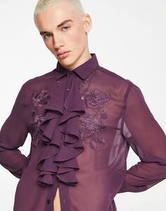 Прозрачная рубашка баклажанового цвета с цветочной вышивкой и рюшами спереди ASOS DESIGN