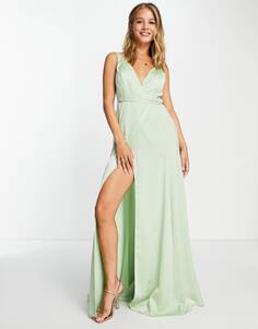 Атласное платье макси с запахом и завязками ASOS DESIGN Bridesmaids цвета шалфея