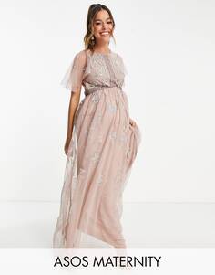 Розовое платье макси с жемчугом и цветочной вышивкой ASOS DESIGN Maternity Bridesmaid