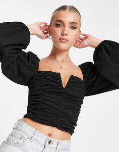 Черный топ с объемными рукавами и рюшами ASOS DESIGN