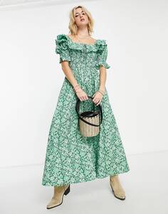Зеленое платье миди с пышными рукавами и цветочным принтом Reclaimed Vintage