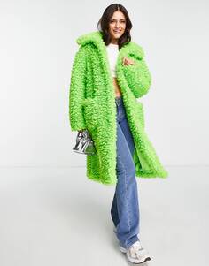 Ярко-зеленое пушистое длинное пальто Miss Selfridge